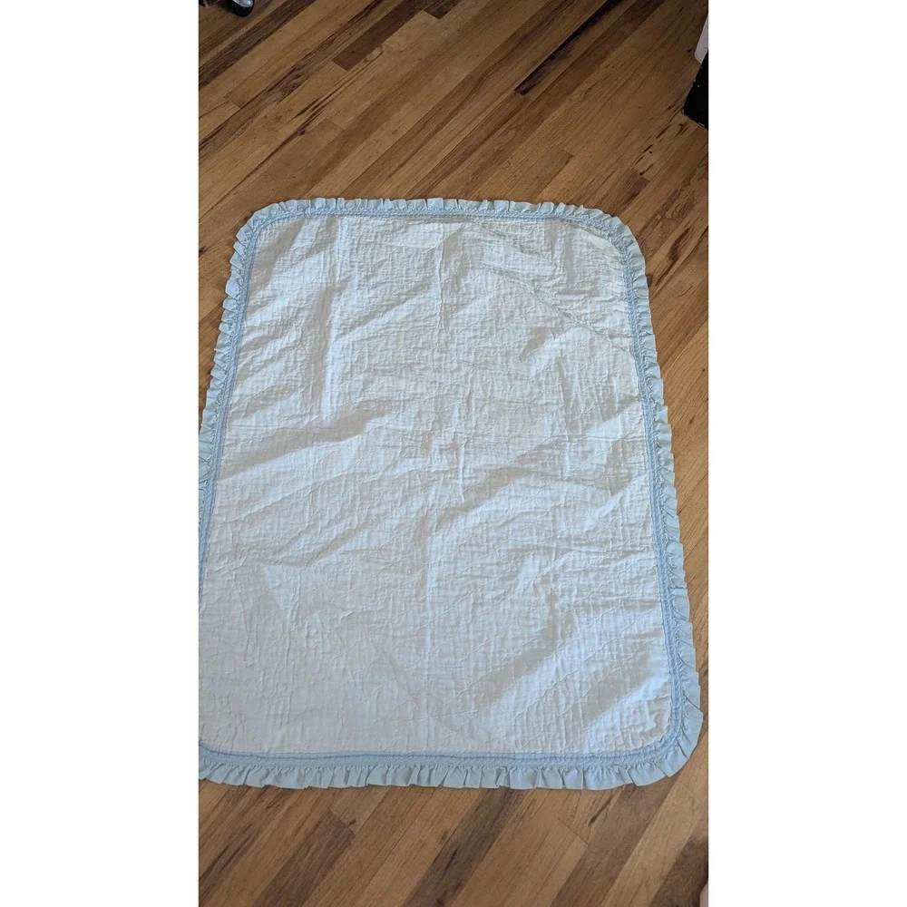 Vintage Precious Moments Noahs Ark Baby Quilt Pastel Blue Ruffled Blanket 46x35